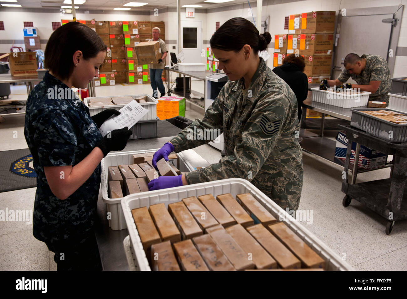Navy Hospital Corpsman 2nd Class Kristin Bovaird and Tech. Sgt. Ursula Widener, both laboratory technicians, verify incoming frozen blood units at the ASWBL-East facility. Stock Photo