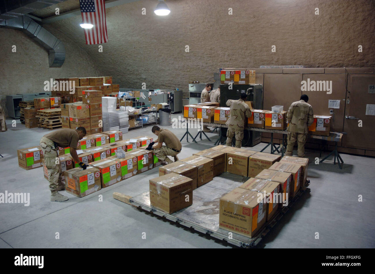 Members of the 379th Expeditionary Medical Support Flight blood transshipment center receive, log and prepare blood for shipment in Southwest Asia. The center gets blood from the U.S. and sends it throughout the region. Stock Photo