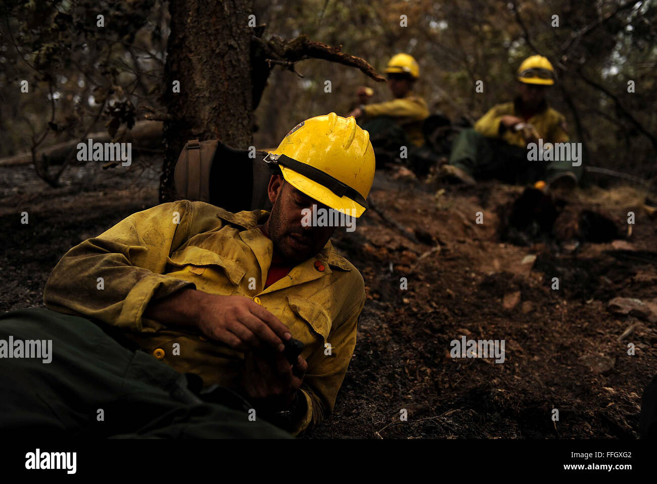 Vandenberg Air Force Base Hot Shot fire fighter Chris Loung looks at his phone during a team lunch break from cutting a fire line on June 28, 2012 in the Mount Saint Francois area of Colorado Springs, Co. while helping to battle several fires in Waldo Canyon.  The Waldo Canyon fire has grown to 18,500 acres and burned over 300 homes. Currently, more than 90 firefighters from the Academy, along with assets from Air Force Space Command; F.E. Warren Air Force Base, Wyo.; Fort Carson, Colo.; and the local community continue to fight the Waldo Canyon fire. Stock Photo