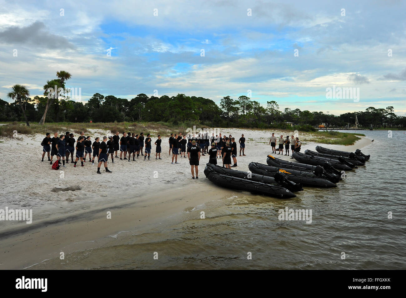 Cadets get briefed by cadre at the marina on Hurlburt Field, Fla., prior to riding on boats. Stock Photo