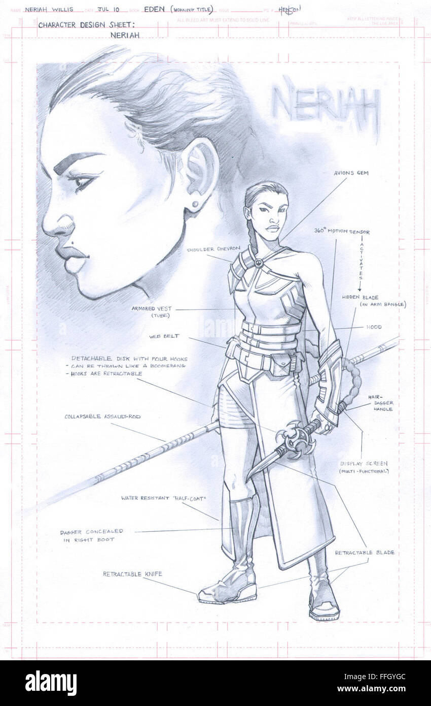 Character design sheet for Staff Sgt. Eric Henson's upcoming project, EDEN. Stock Photo