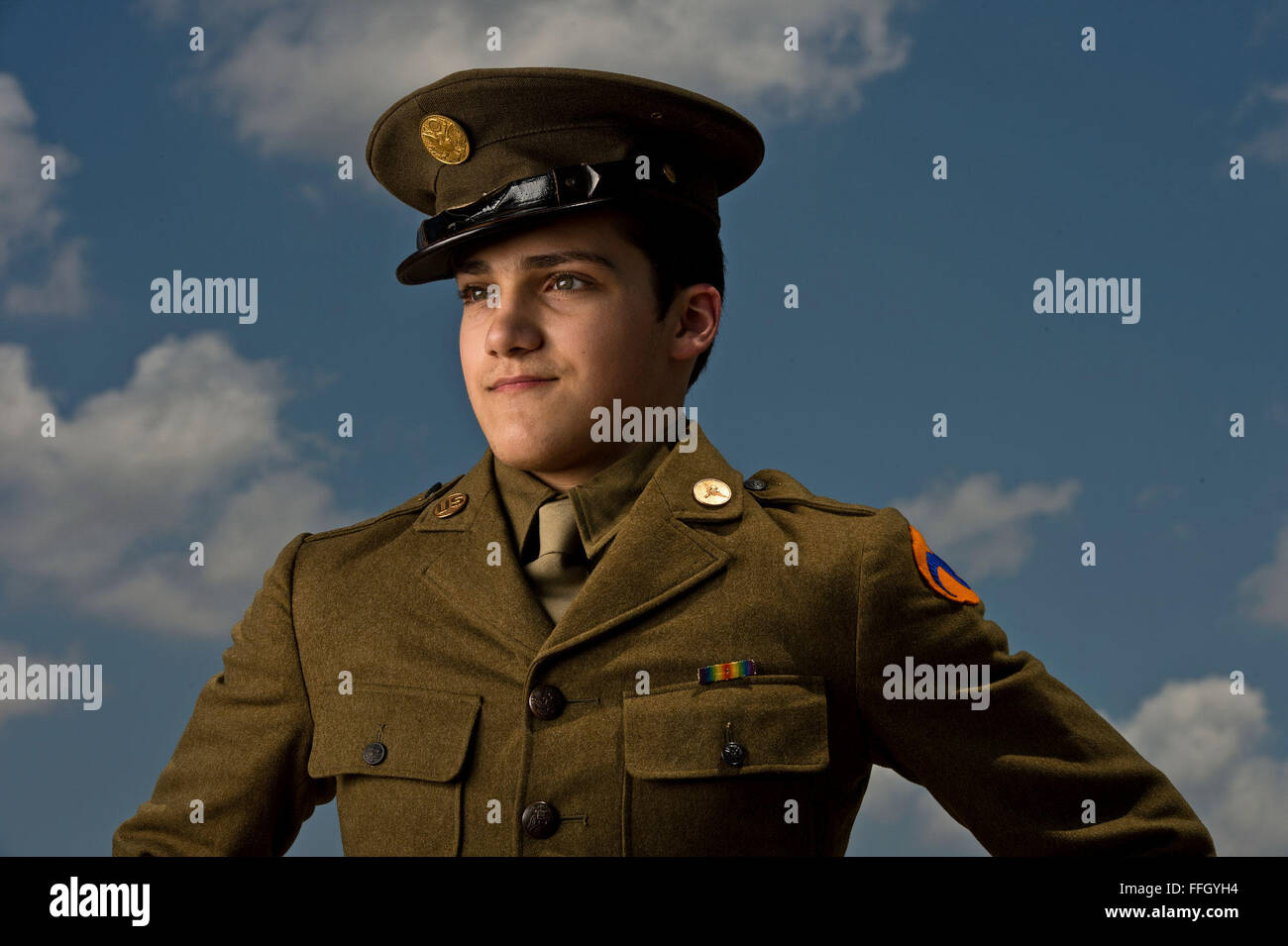 Robert Waid models the Army Air Corps service dress uniform from the 1920s and 1930s. Stock Photo