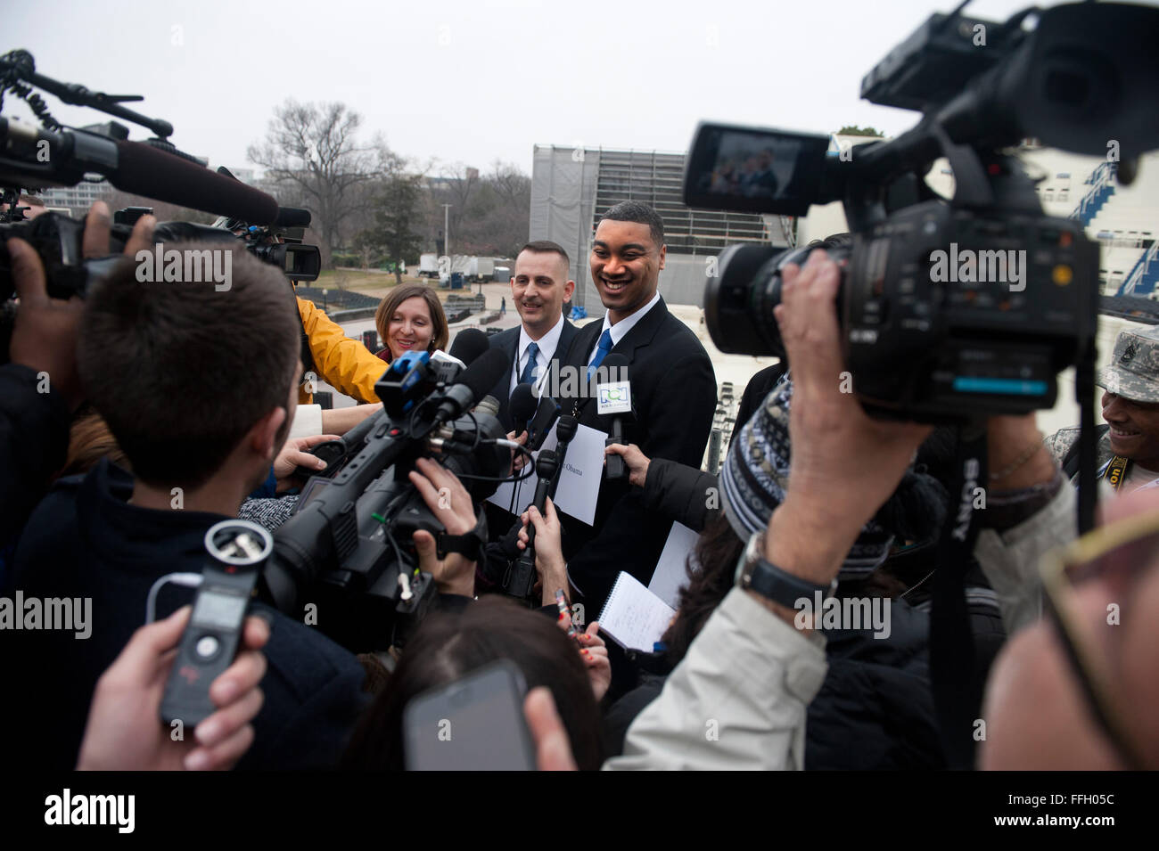 Air Force Staff Sgt. Serpico Elliott, a stand-in for President Barrack Obama, talks with the media after the presidential inauguration swearing-in rehearsal in Washington, D.C. Stock Photo