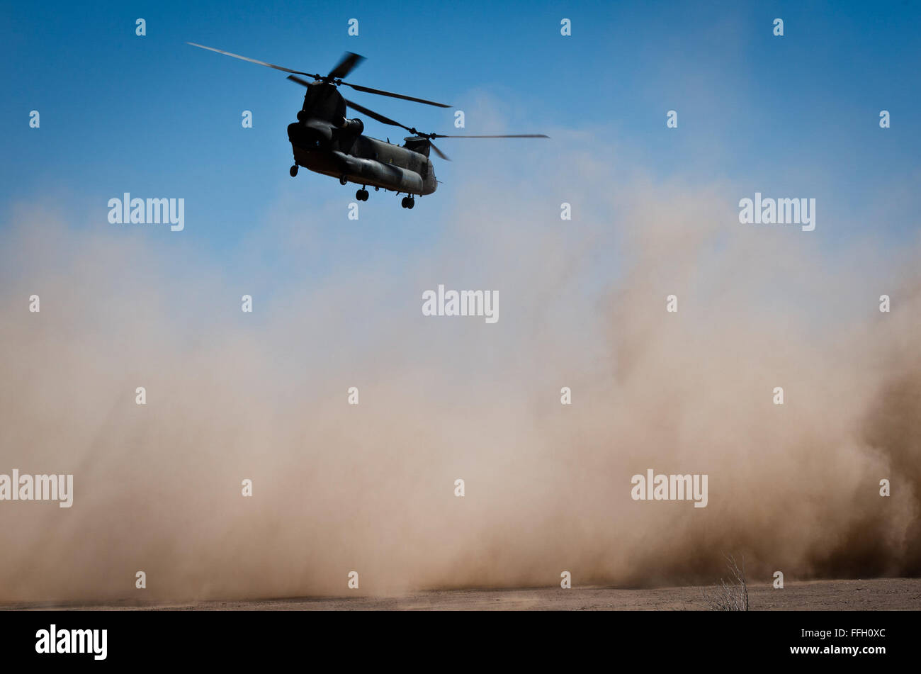A CH-47 Chinook takes off in a cloud of dust at the Playas Training and Research Center in Playas, N.M. The helicopter, from the Army Reserve's Bravo Company, 7-158th Aviation Regiment, provided aerial transportation for U.S. and international military members during a mass casualty extraction exercise in Playas. Stock Photo