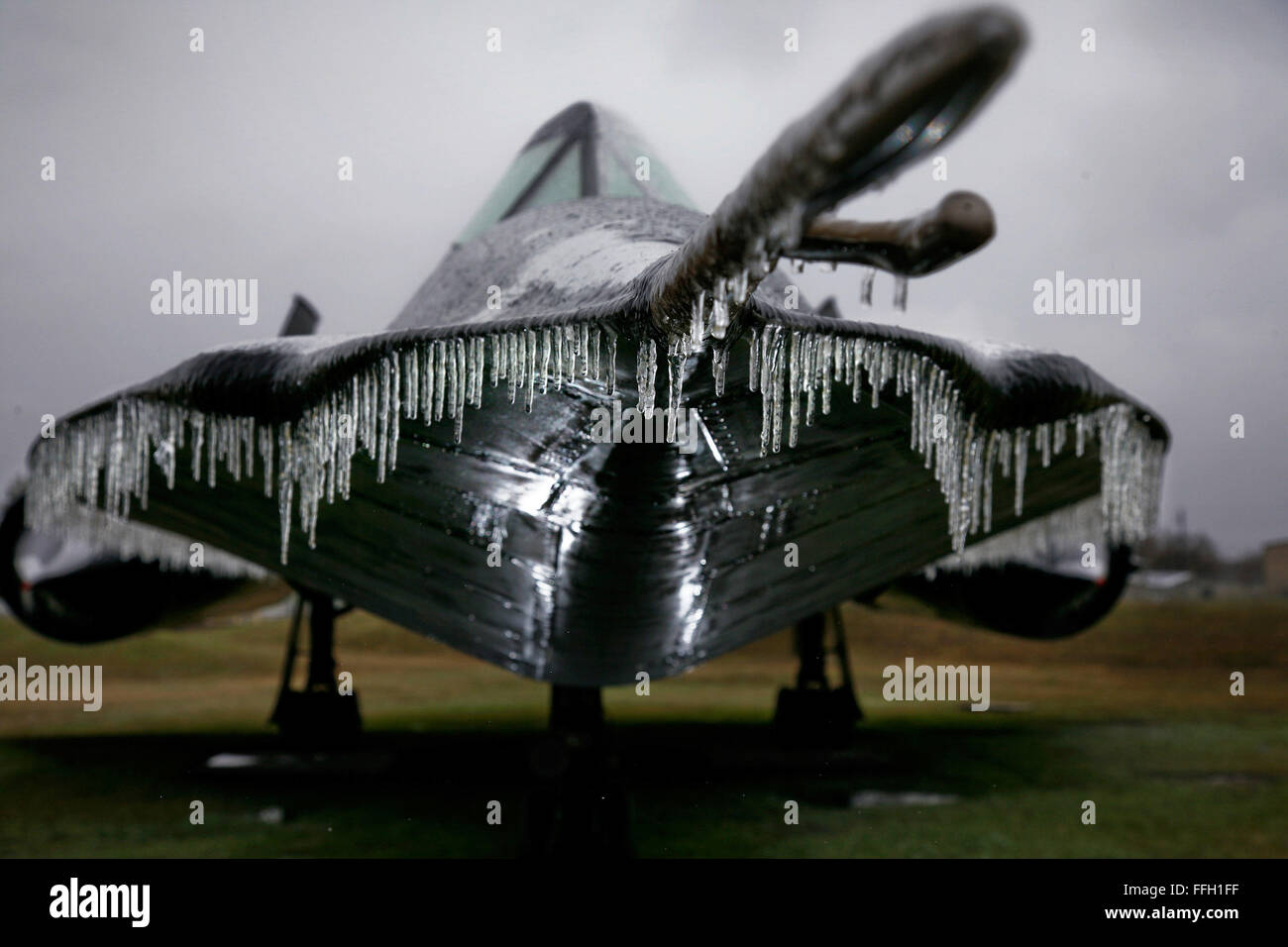 Freezing rain encases the upper half of an SR-71 static display at Joint-Base San Antonio-Lackland, Texas. When the aircraft was operational it flew at more than three times the speed of sound. Stock Photo