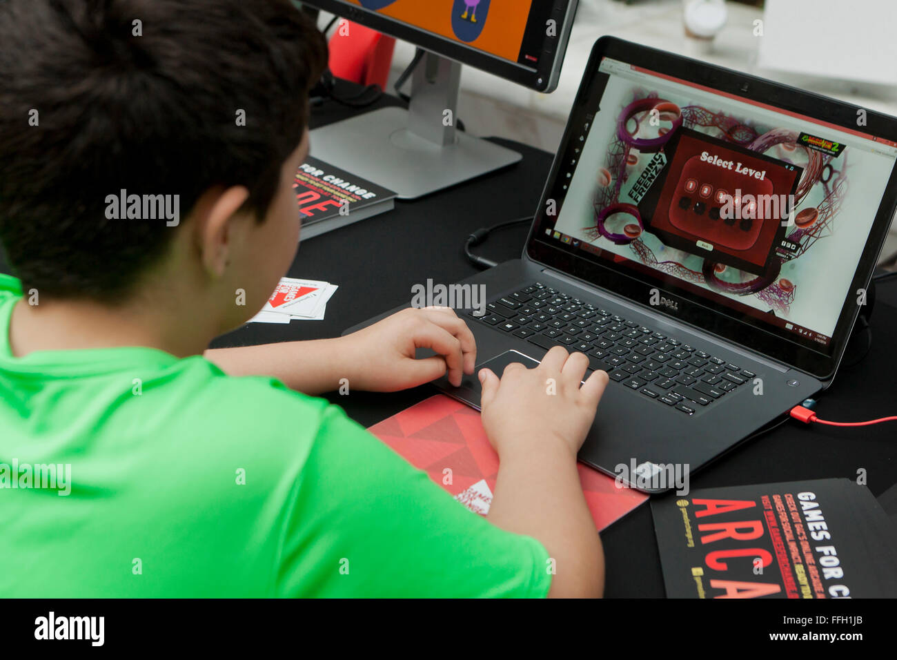 Boy playing video games on a Dell laptop computer - USA Stock Photo