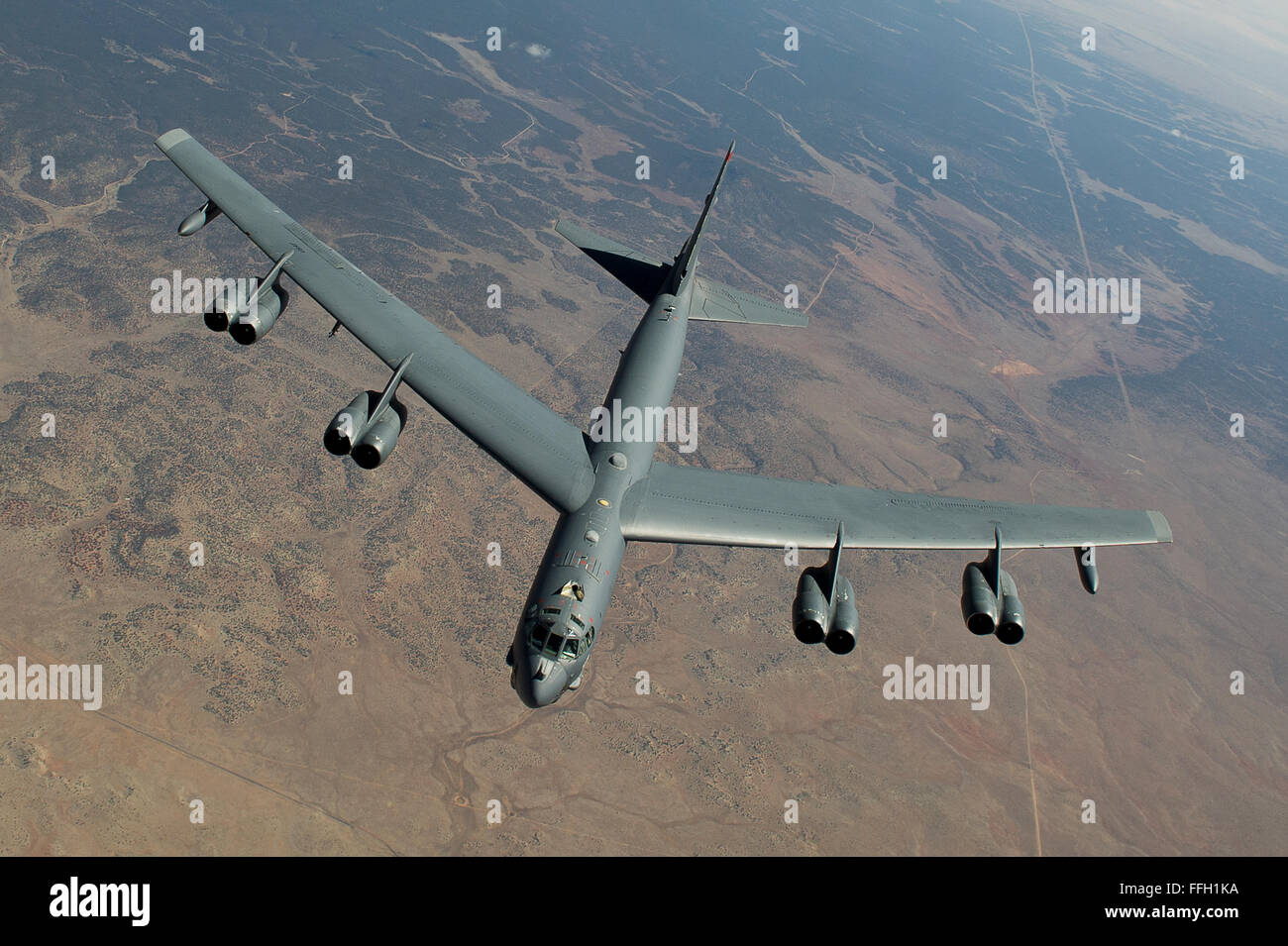 A B-52 Stratofortress assigned to the 2nd Bomb Wing flies over Utah. Stock Photo