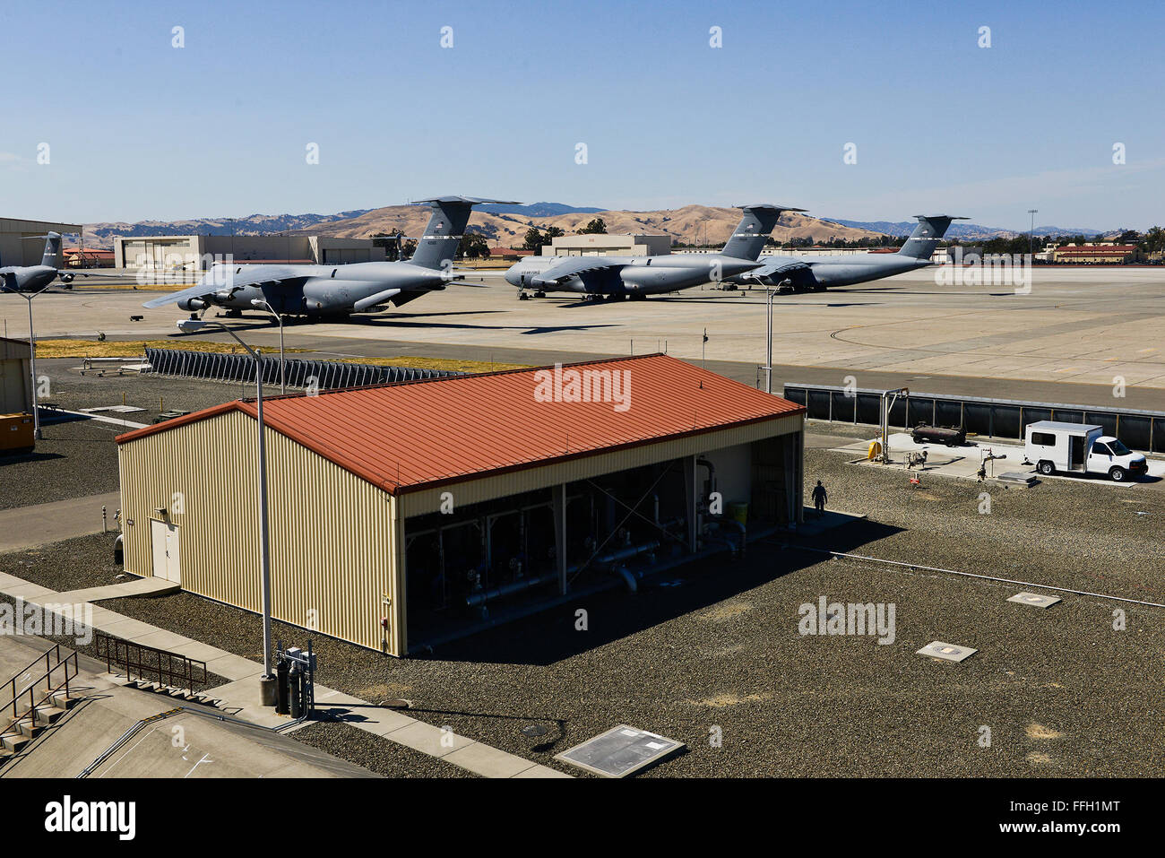 A fixed fuel facility off the flightline of Travis Air Force Base, Cali. These facilities are responsible for the receipt, storage and transfer of fuels across the air force base using a constant pressure loop providing fuel to outlet feeds underground and to fuel stems used to refuel fuel tankers. Stock Photo