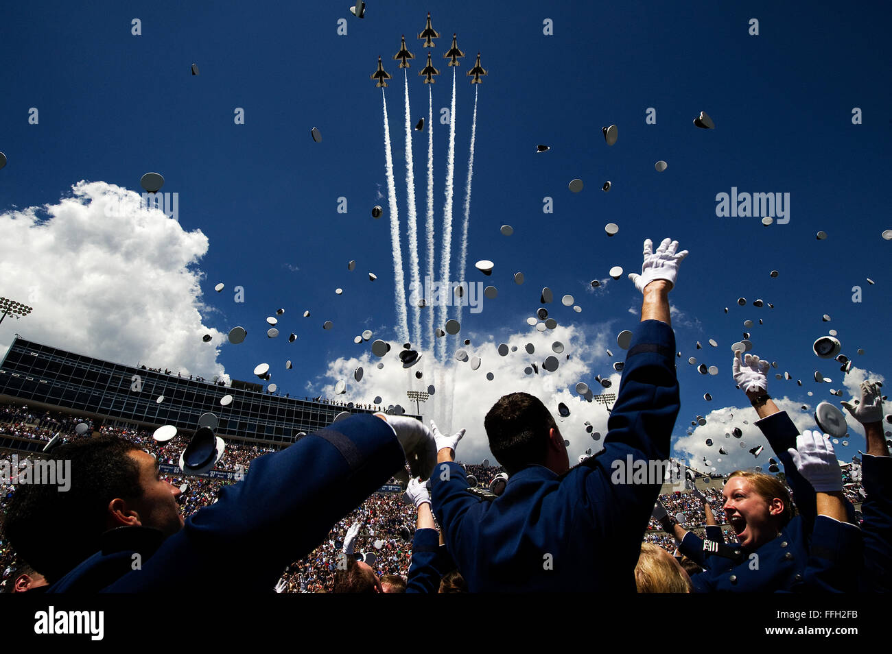 The U.S. Air Force Thunderbirds fly the Delta formation over Falcon