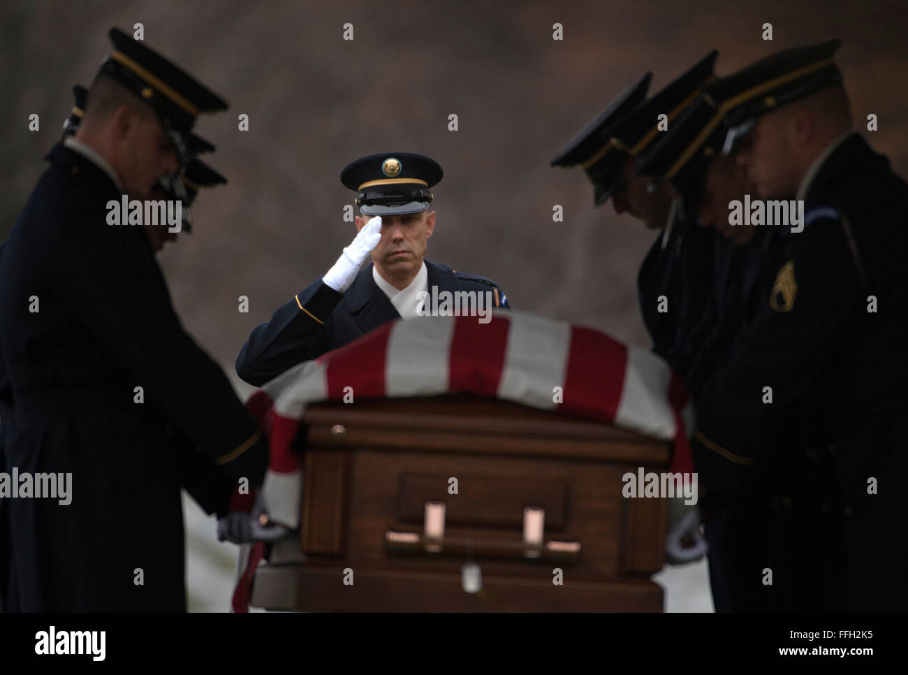 Sgt. Maj. Michael Callaghan-McCann salutes the remains of Army Air Forces Sgt. Charles A. Gardner during a funeral ceremony at Arlington National Cemetery in Arlington, Va. Gardner, along with 11 of his fellow crew members, went missing on April 10, 1944, after his B-24D Liberator was shot down over New Guinea. Callaghan-McCann is the 1st Battalion, 3rd Infantry Regiment's command sergeant major. Stock Photo