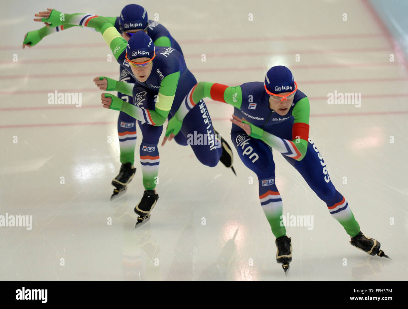 Kolomna, Russia. 13th Feb, 2016. Team members of the Netherlands compete during the ladies team pursuit event at ISU world single distances speed skating championships in Kolomna, Russia, on Feb. 13, 2016. The Netherlands claimed the champion. Credit:  Pavel Bednyakov/Xinhua/Alamy Live News Stock Photo