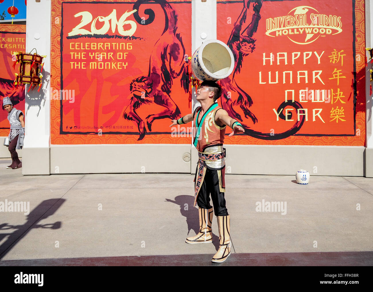 Los Angeles, California, USA. 13th Feb, 2016. A man performs during a celebration for promoting the 2016 China-US Tourism Year at Universal Studios Hollywood in Universal City, Los Angeles, California, on Feb. 13, 2016. The Universal Studios Hollywood together with the Consulate-General of China in Los Angeles and the China National Tourist Office in Los Angeles celebrated the Year of the Monkey and promoted the 2016 China-US Tourism Year at Universal Studios Hollywood on Saturday. Credit: Zhang Chaoqun/Xinhua/Alamy Live News Stock Photo