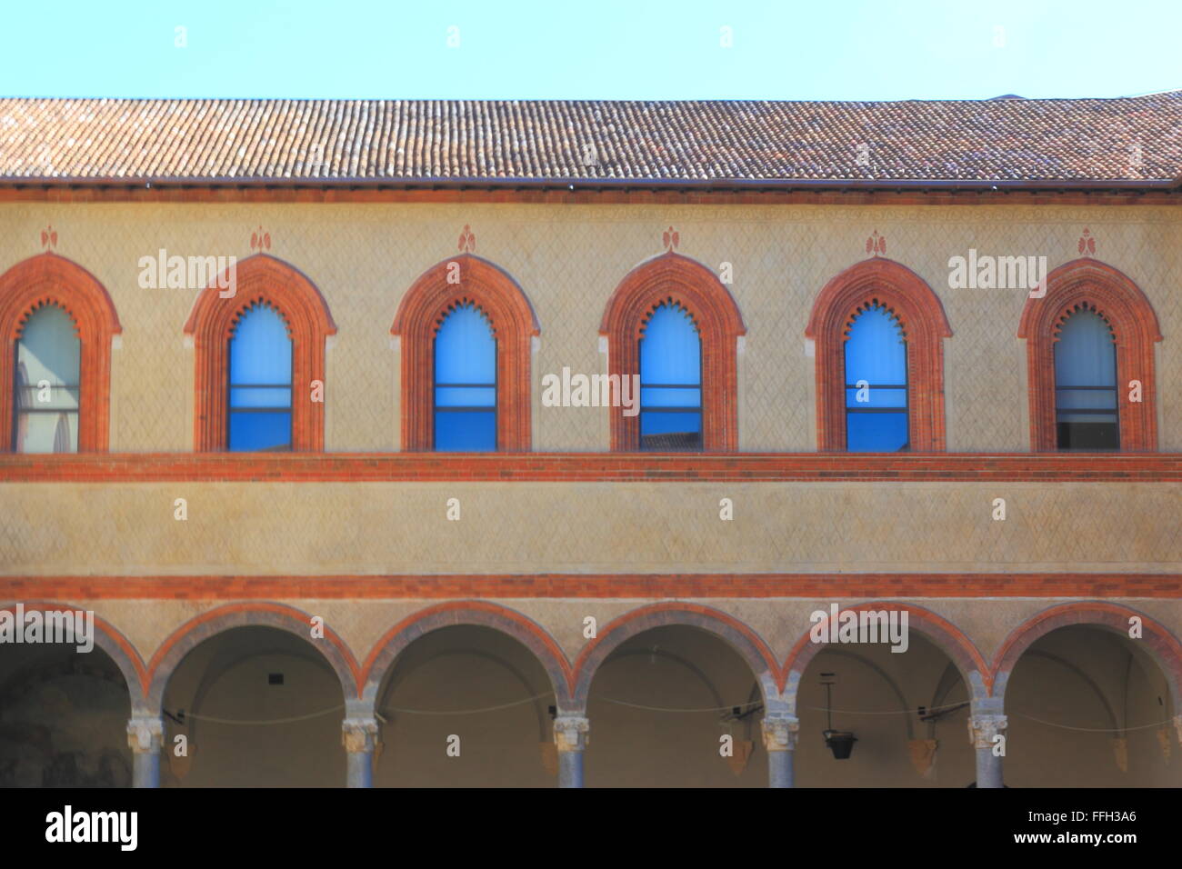 View on the Ducal court yard with a portico of Sfortsa Castle in Milan Stock Photo