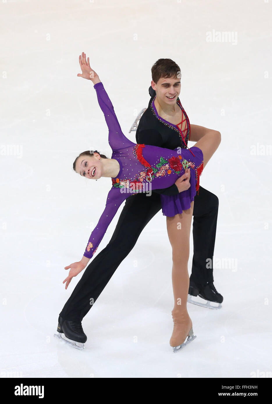 Hamar, Norway. 13th Feb, 2016. Anna Duskova (front) and Martin Bidar of the Czech Republic compete during the Pairs Short Program of Figure Skating at Lillehammer 2016 Winter Youth Olympic Games in Hamar, Norway, on Feb. 13, 2016. Credit:  Han Yan/Xinhua/Alamy Live News Stock Photo