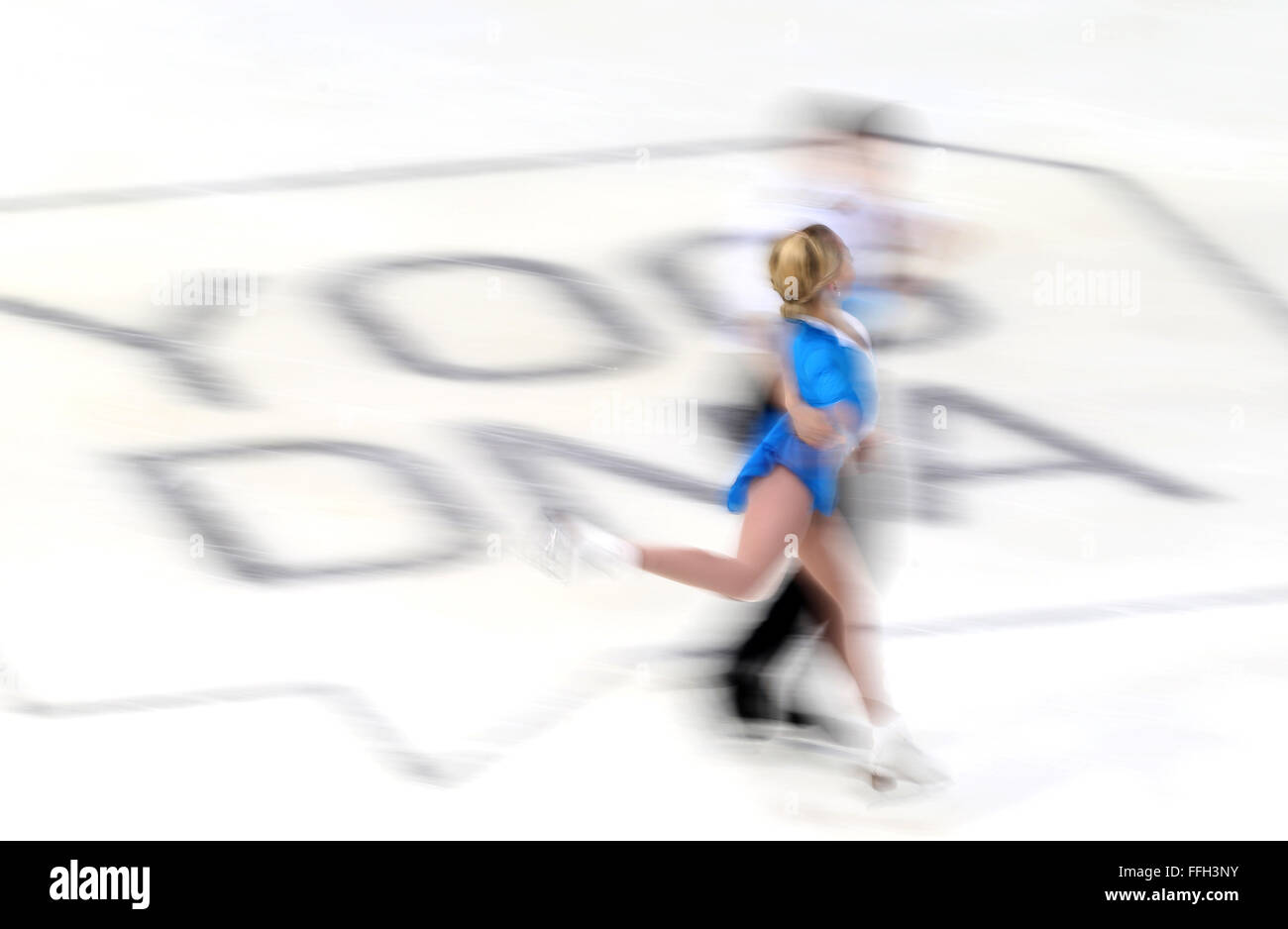 Hamar, Norway. 13th Feb, 2016. Sarah Rose (front) and Joseph Goodpaster of the U.S. compete during the Pairs Short Program of Figure Skating at Lillehammer 2016 Winter Youth Olympic Games in Hamar, Norway, on Feb. 13, 2016. Credit:  Han Yan/Xinhua/Alamy Live News Stock Photo