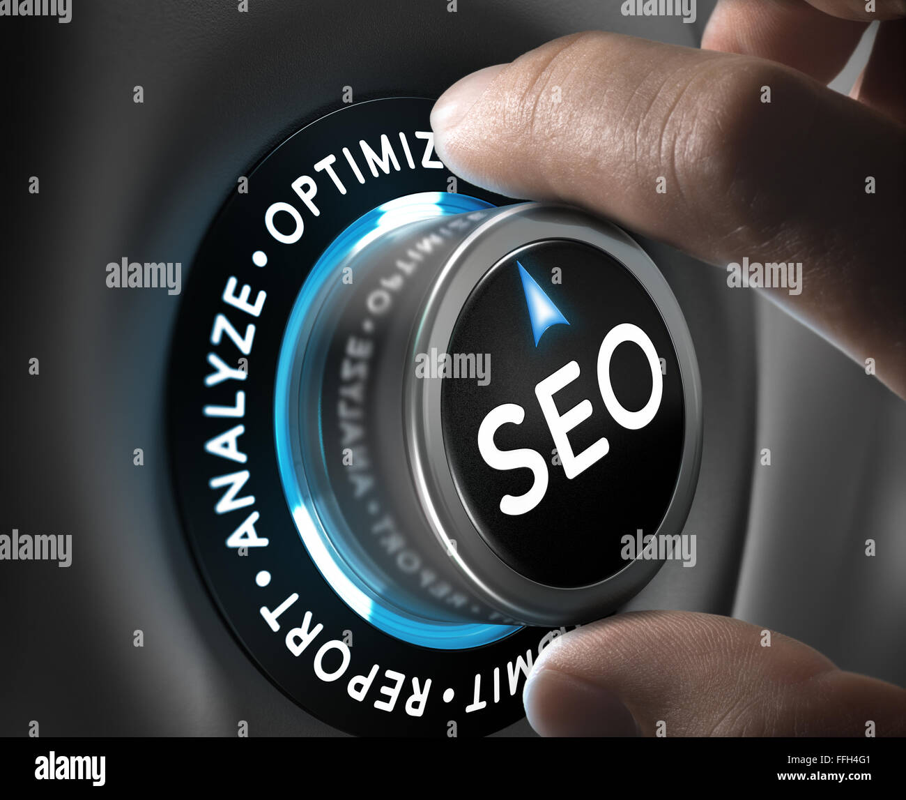 Man hand turning a knob in the optimize position. SEO process and planning concept. Stock Photo