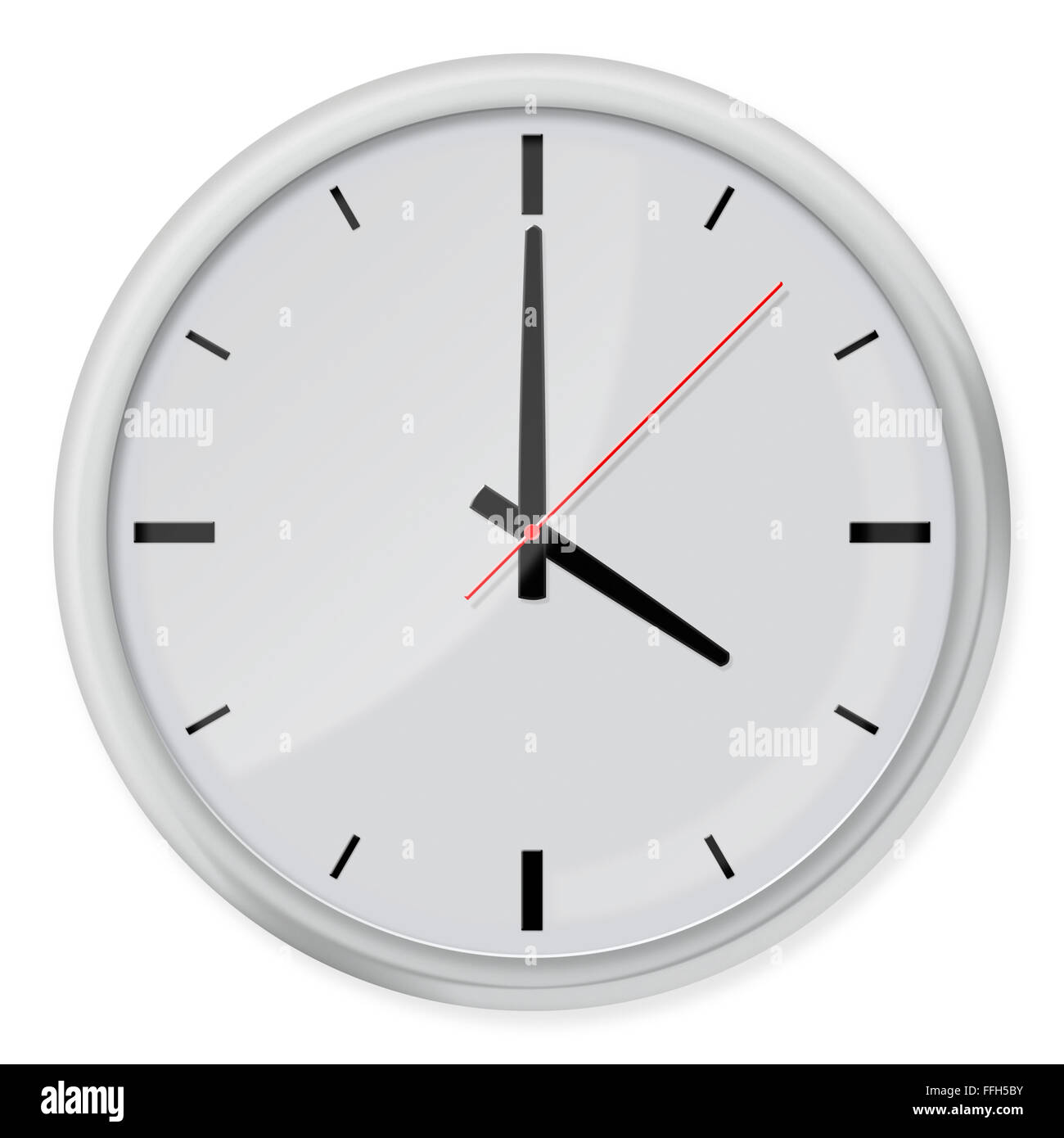 Simple classic round wall clock with shadows isolated on white