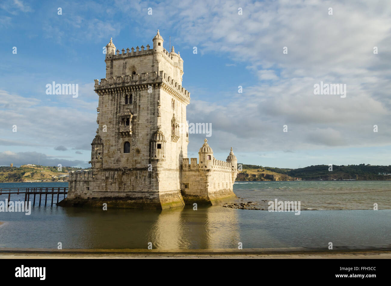 rear view of the belem tower at sunset, symbol of lisbon Stock Photo