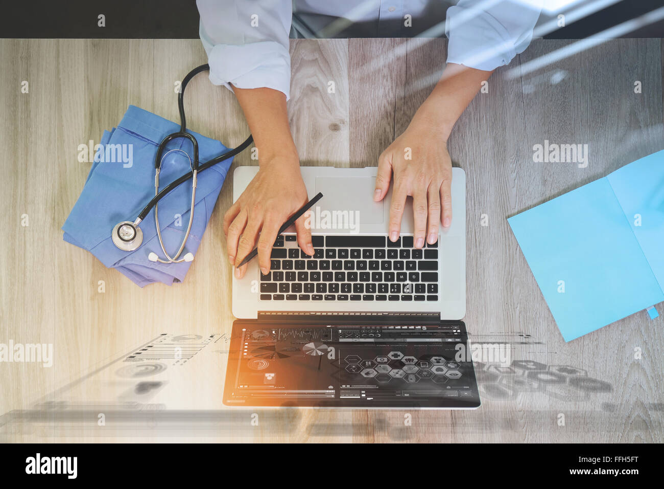 top view of Medicine doctor hand working with modern computer with ...