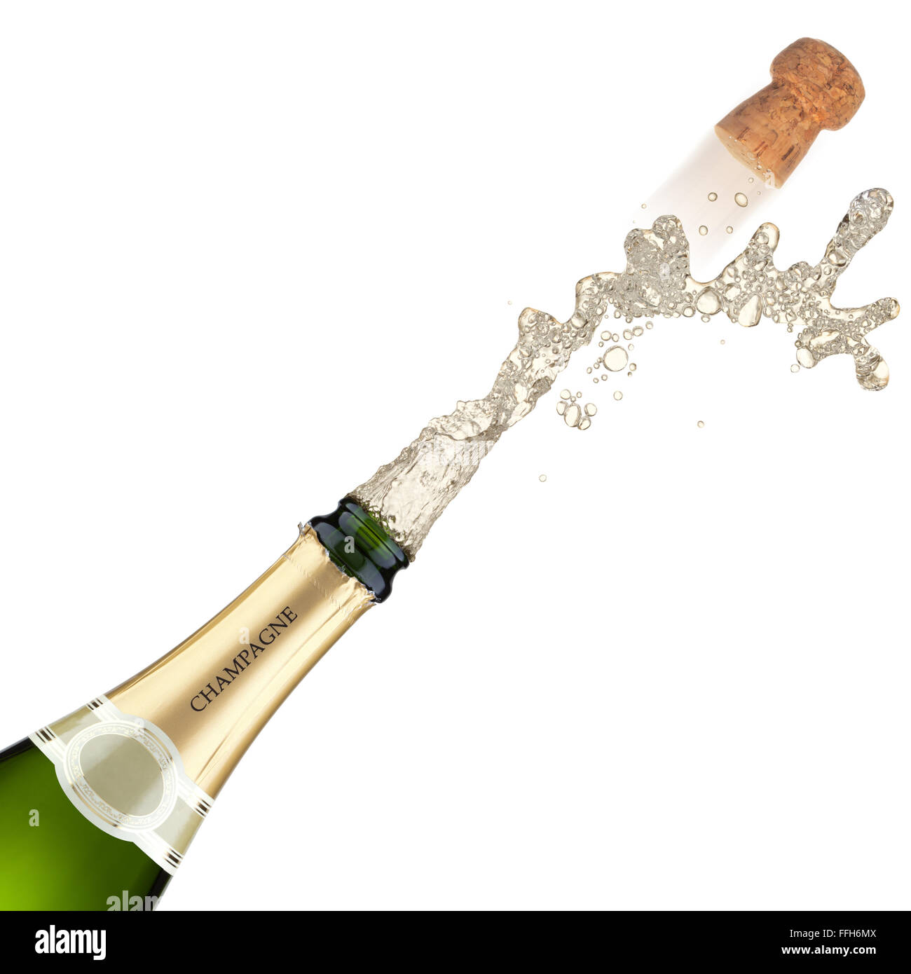 Champagne bottle explosion, isolated on the white background. Stock Photo