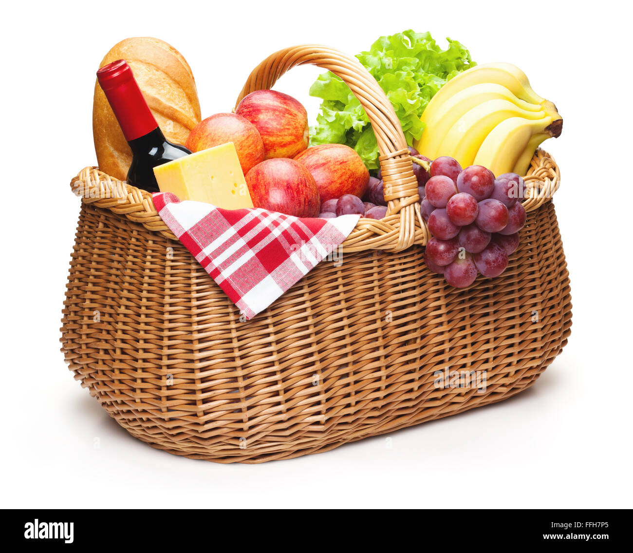 Picnic basket with food, isolated on the white background, clipping path included. Stock Photo
