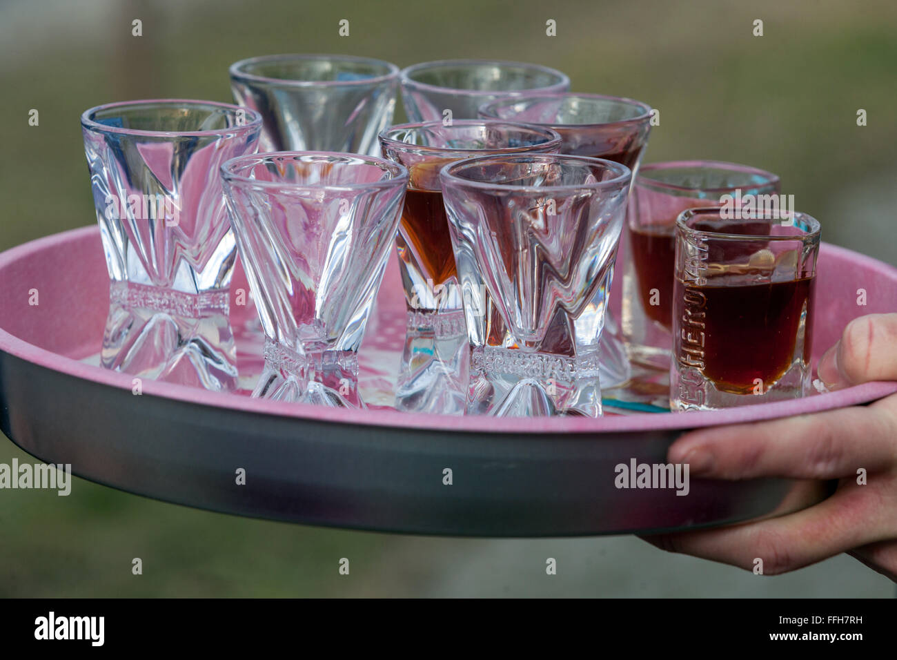 alcohol shots on tray Stock Photo