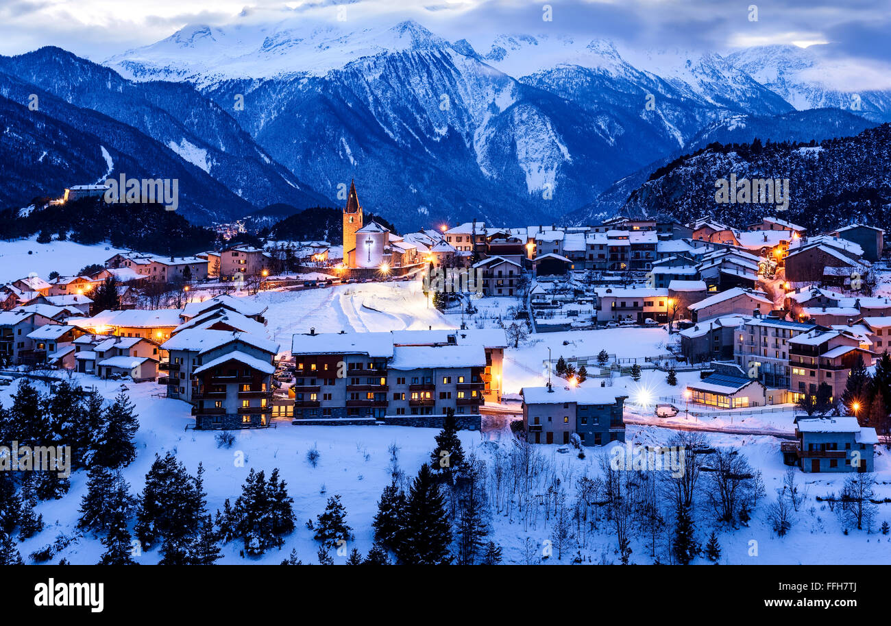 View of Aussois su Arc village by night, France Stock Photo