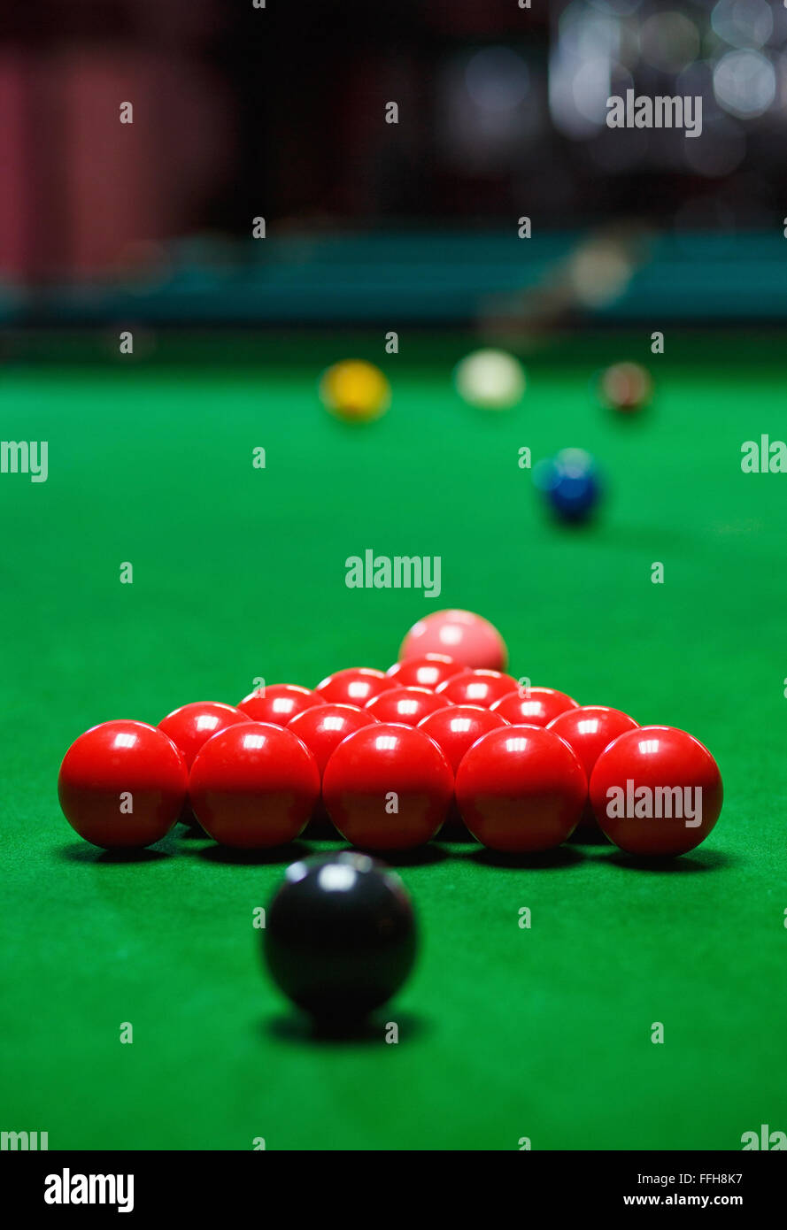 snooker balls set on a green table Stock Photo