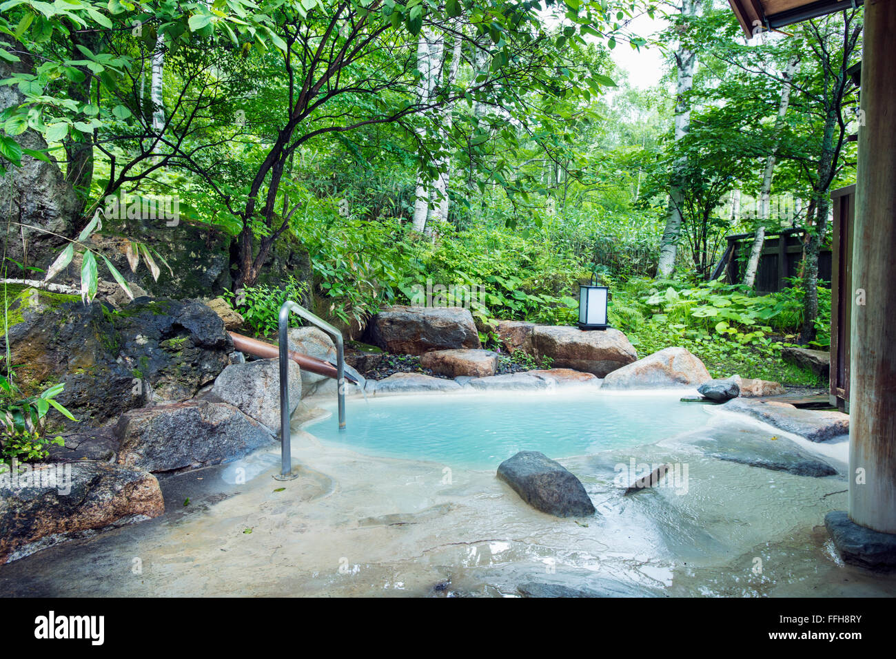 The Japanese outdoor onsen baths at Sasaya Onsen in Toyama Japan Stock Photo