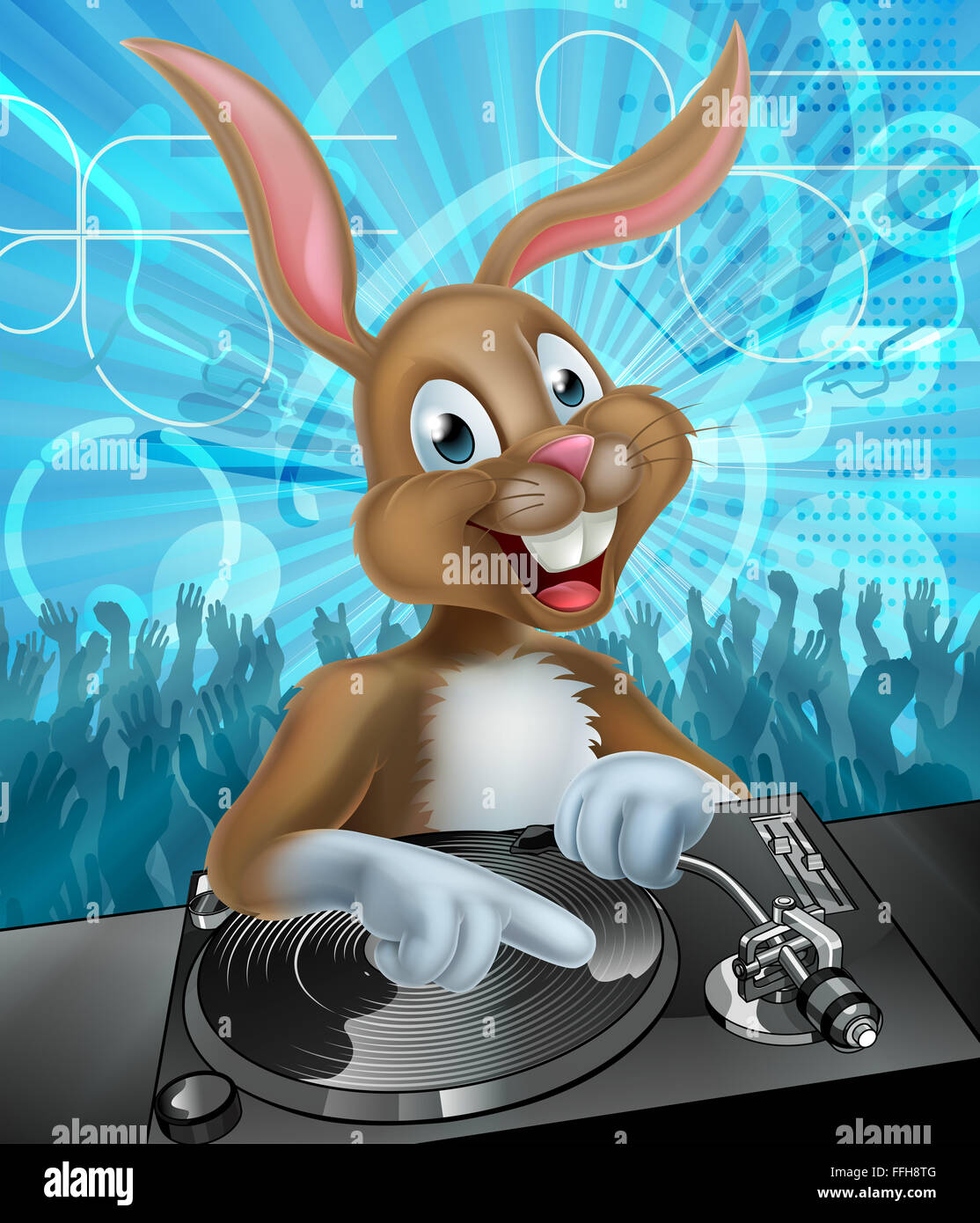 Cartoon Easter bunny DJ mixing at the the decks or turntables with ...