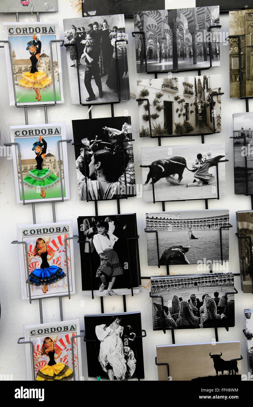 Display rack of postcards of flamenco and local scenes Cordoba, Spain Stock Photo