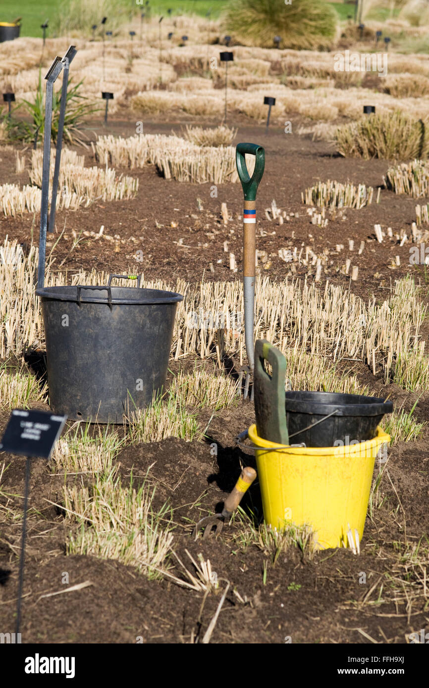 Gardening tools in a flower bed Stock Photo Alamy
