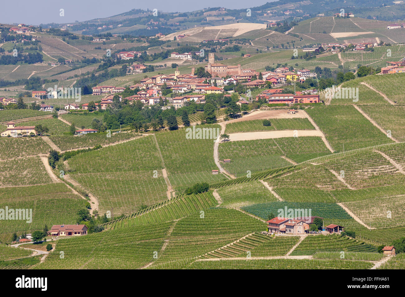 Small town and green vineyards of Piedmont, Northern Italy. Stock Photo