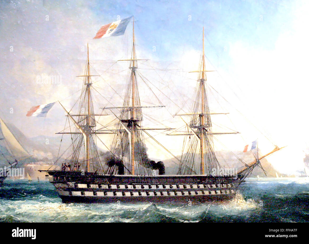 THE NAPOLEON French 90-gun ship of the line off Toulon in 1852. She was the first ever steam battleship and mounted 90 guns. Taken out of service in 1876. Stock Photo