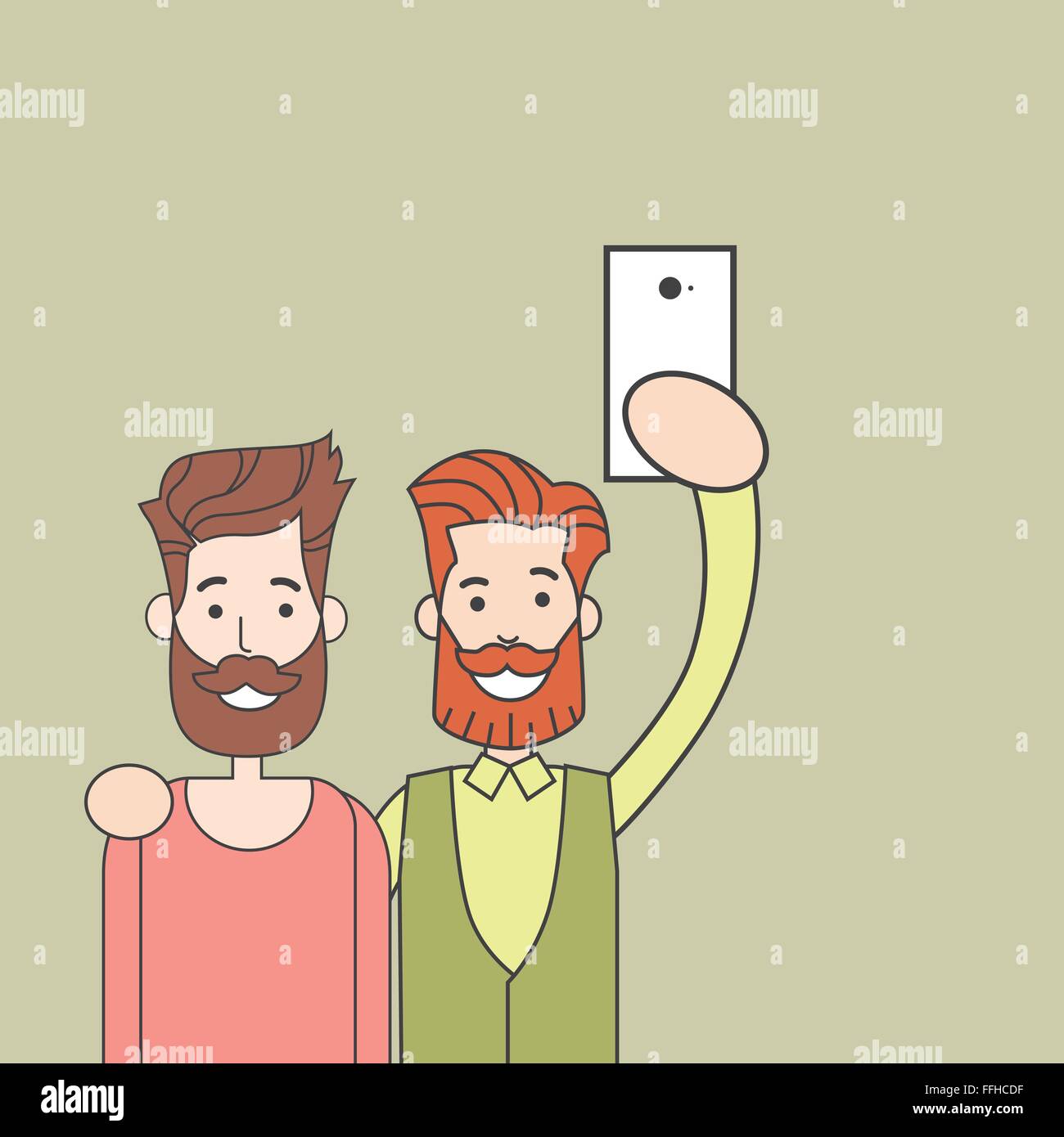 Men Bearded Couple Taking Selfie Photo Two Gay Hipster Hold Smart Phone Stock Vector Image Art Alamy