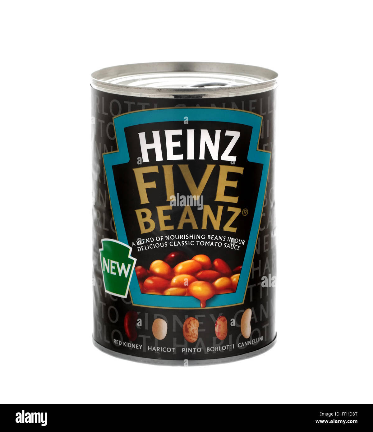 Can of New Heinz Five Beanz on a white background Stock Photo