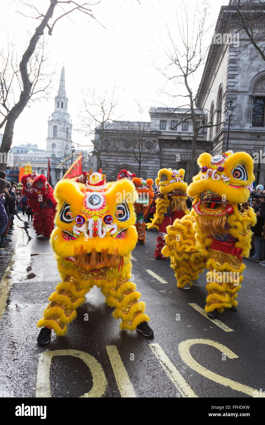 London, UK. 14 February 2016. Lion Dancers. Londoners and the Chinese Community celebrate the Year of the Monkey (Monkey King) with a traditional colourful parade. Credit:  Vibrant Pictures/Alamy Live News Stock Photo