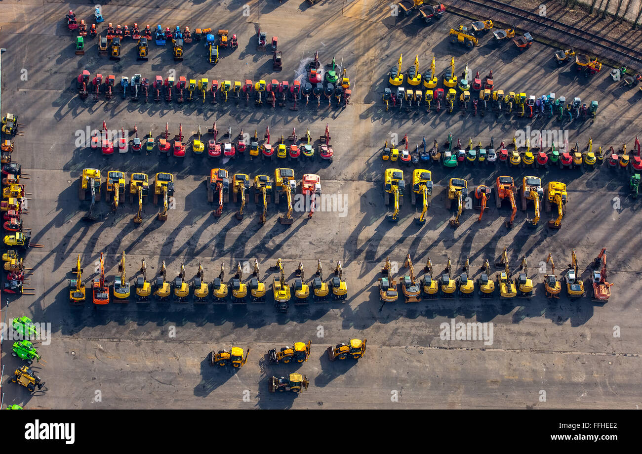 Aerial view, excavators, mini excavators, sales area for used heavy equipment, yellow excavators