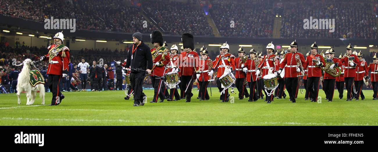 Principality Stadium, Cardiff, Wales. 13th Feb, 2016. RBS Six Nations Championships. Wales versus Scotland. The Goat mascot leads the 3rd Royal Welsh Regimental Band in pre-match entertainment. Credit:  Action Plus Sports/Alamy Live News Stock Photo