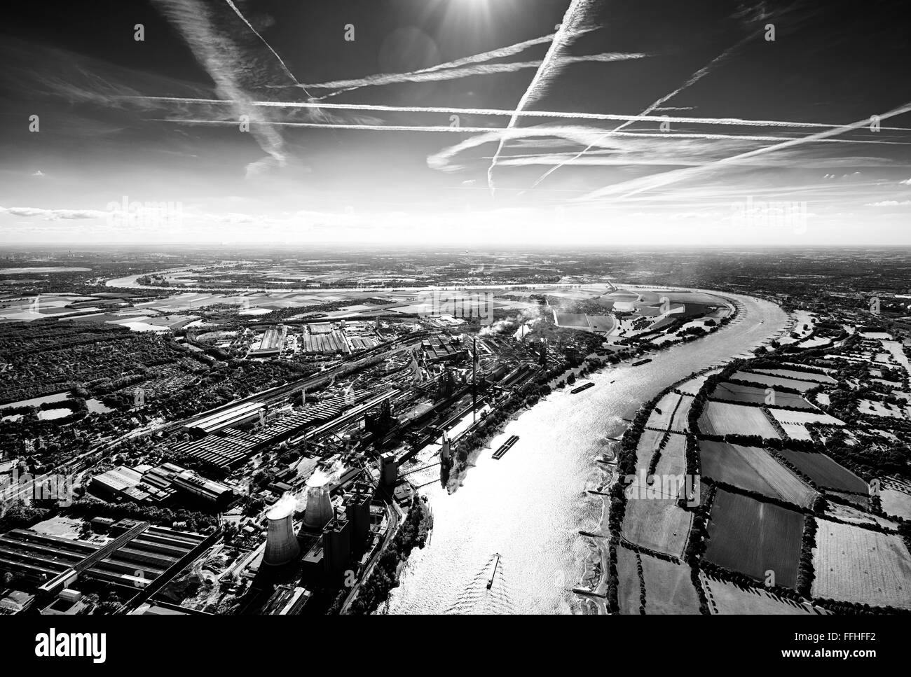 Aerial view, Duisburg, Huckingen, HKM, steelworks Krupp Mannesmann, steelmaking, blue sky, steel, industrial idyll, Ruhr area, Stock Photo