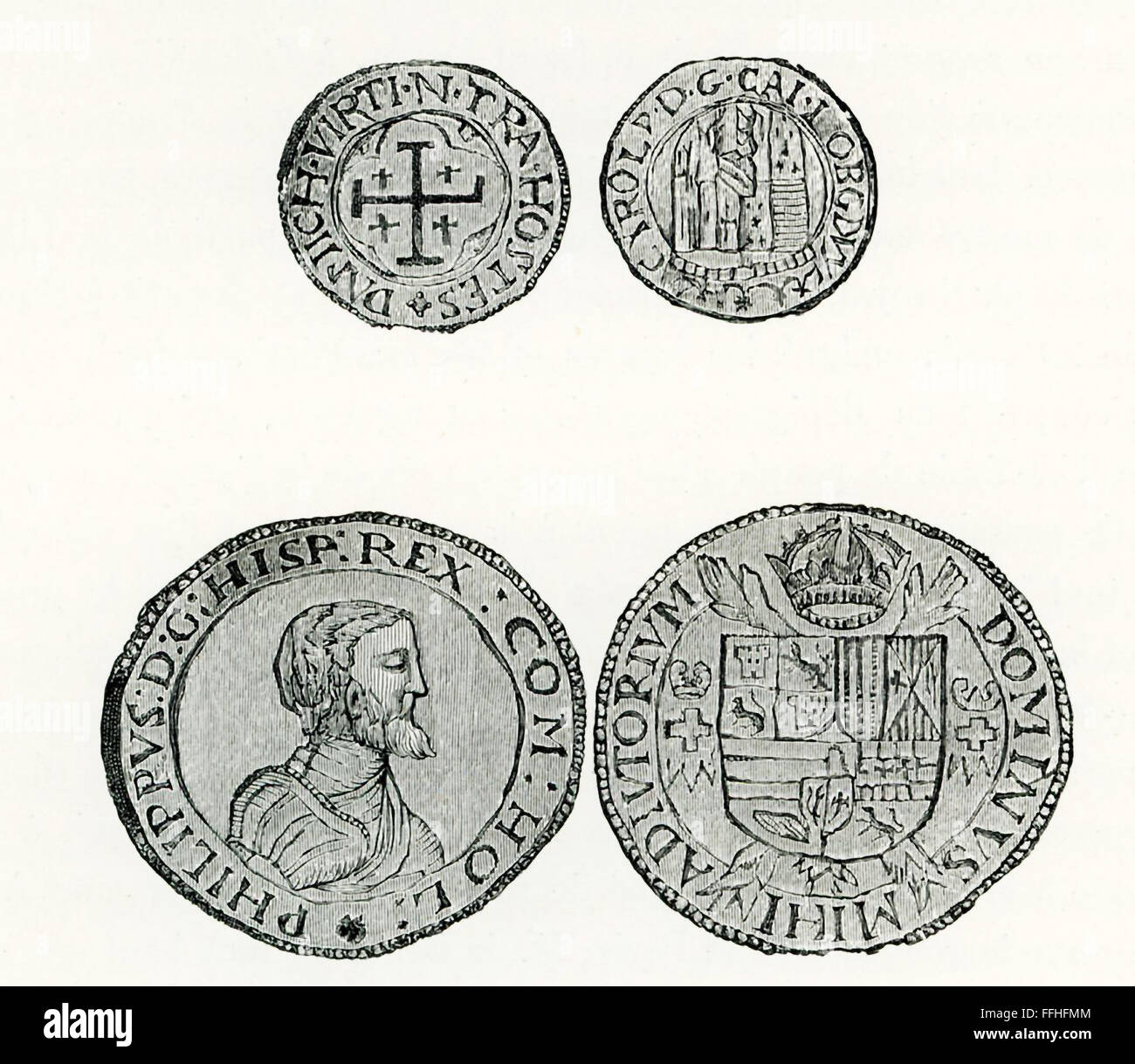 Shown here are late 1800s engravings of Spanish doubloons. The portrait here is Philip II of Spain. He ruled Spain from 1556 to 1598 and Portugal from 1581 to 1598. As the husband of Queen Mary of England, he was king of England and Ireland 1544-1588. Philip was the ruler responsible for the Spanish Armada. Doubloons were monetary gold coins minted in Spain, Mexico, Peru, and Nueva Grande. Stock Photo