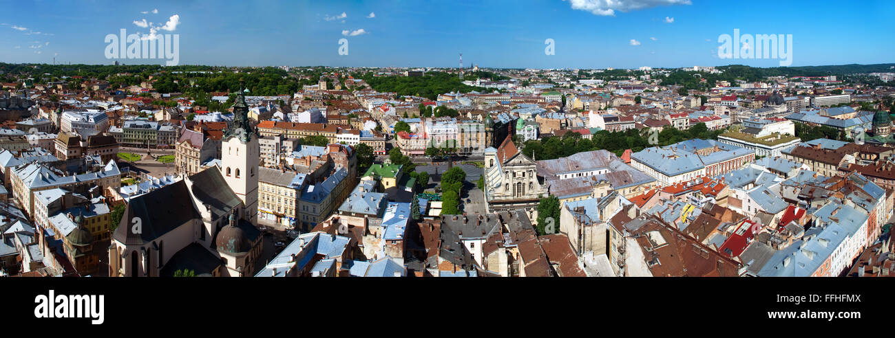 Lvov city view from height with buildings and people during the day Stock Photo