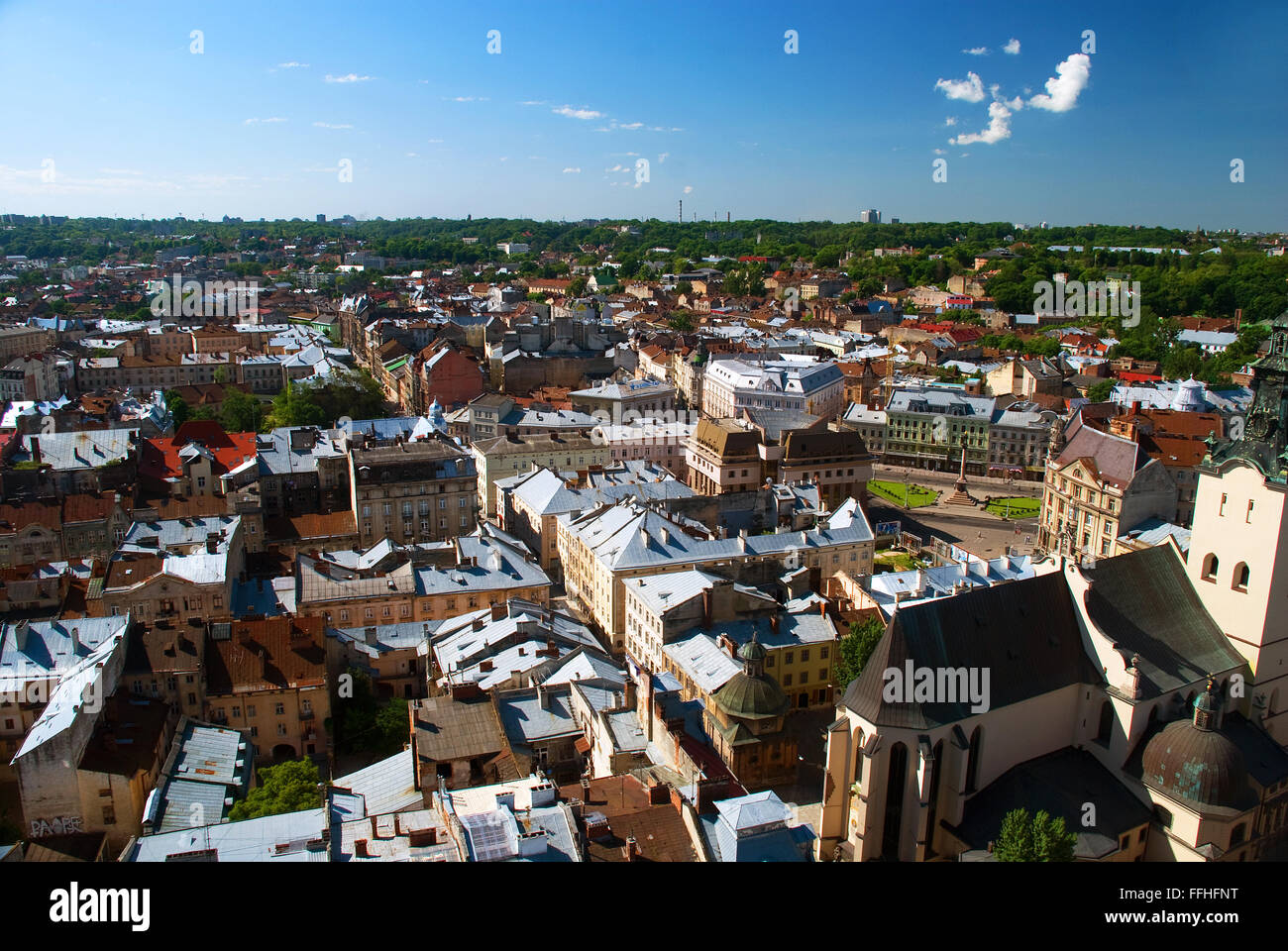 Lvov city view from height with buildings and people during the day Stock Photo