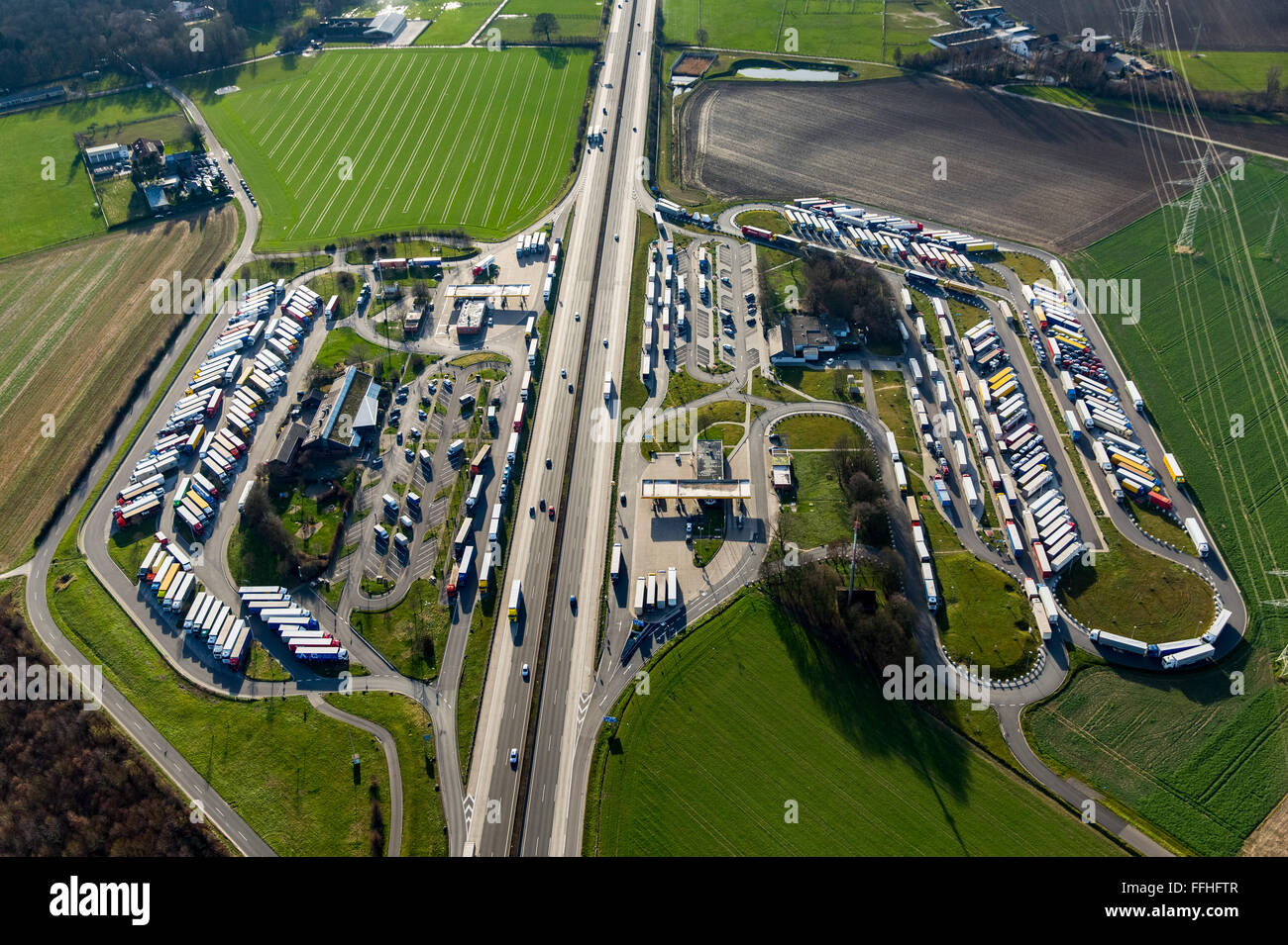 Aerial view, roadhouse, A4 motorway, Aachener Land Süd, Aachener Land Nord, driving times, truck parking, truck, logistics Stock Photo
