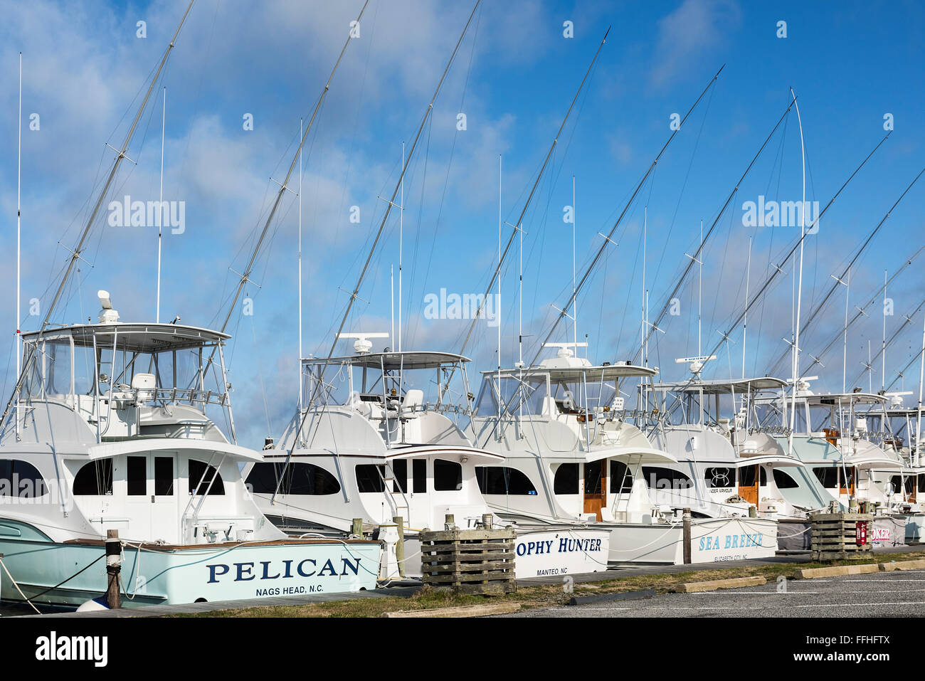 Docked pleasure fishing boats, Oregon Inlet, Nags Head, Outer Banks, North Carolina, USA Stock Photo