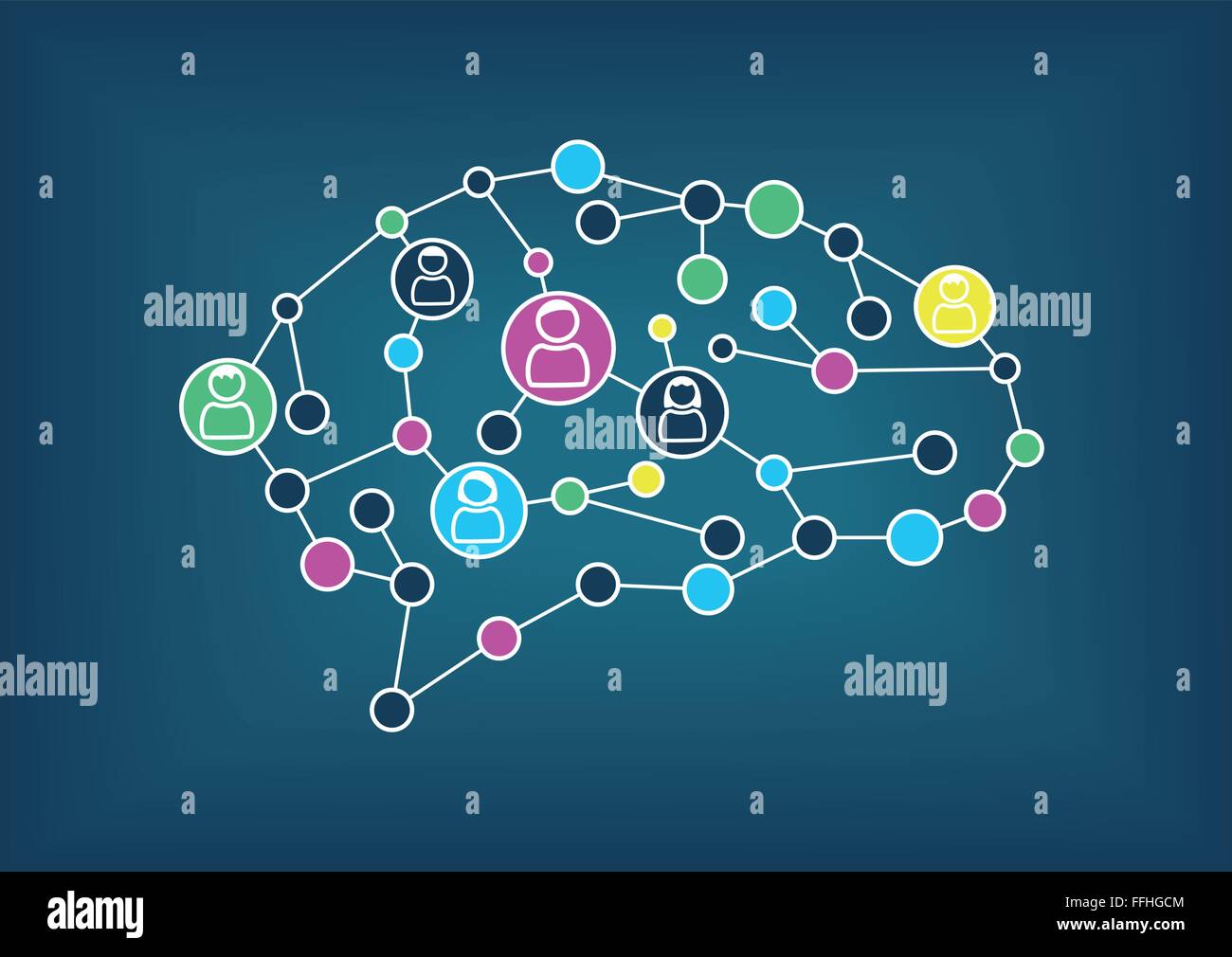 Swarm intelligence or crowd sourcing concept. Vector illustration of simplified brain with connections between nodes. Stock Vector