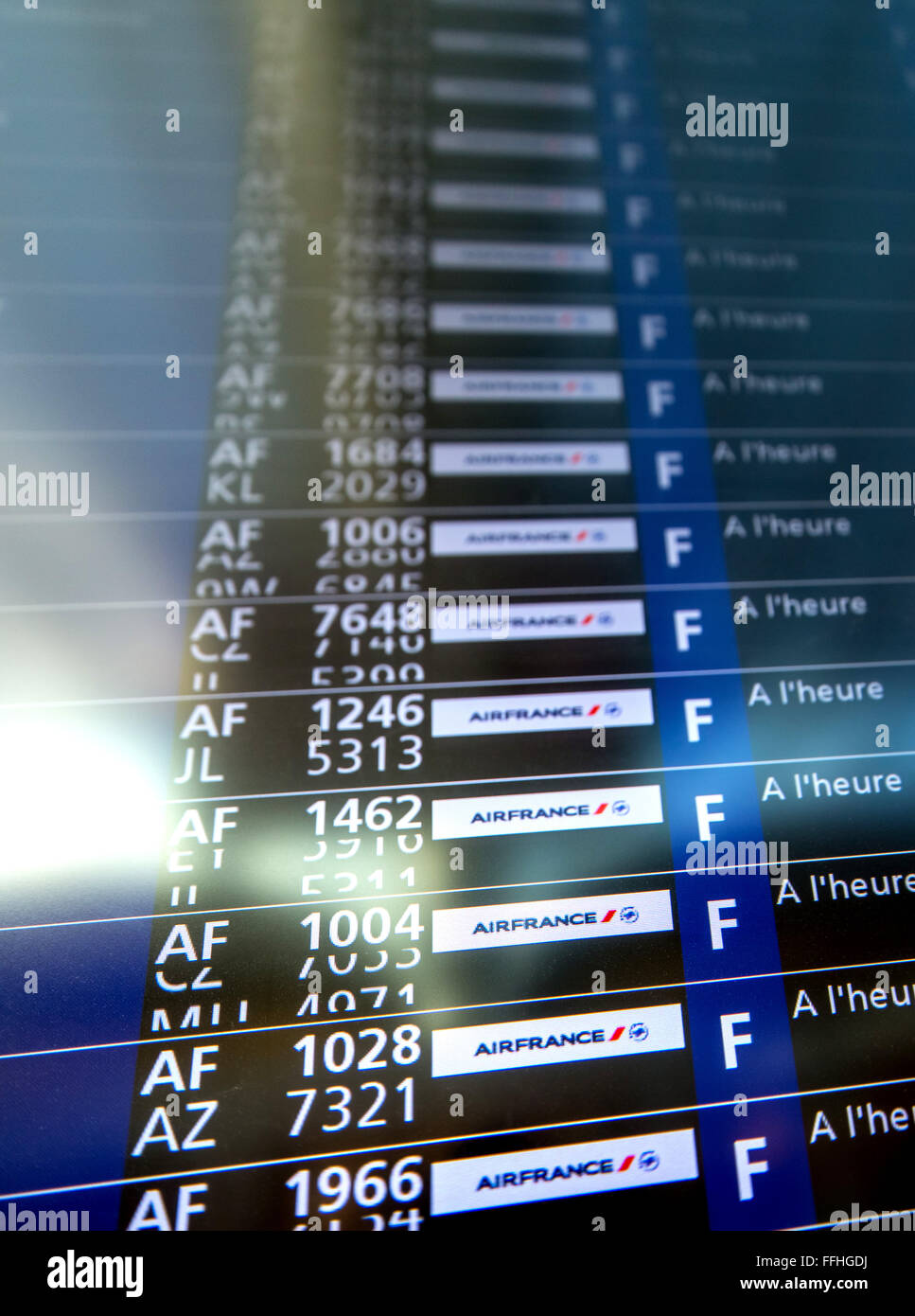 Flight scoreboard, Arrival and departure displays, AIR FRANCE flights, flight information, CDG airport, Charles de Gaule,Transit Stock Photo