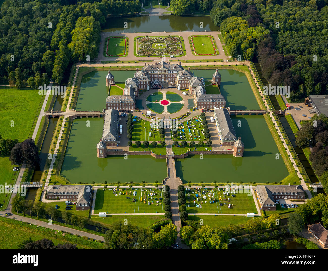 Aerial view, Schloss Nordkirchen, classical open-air spectacle 'Night of thousand candles' at the castle in Nordkirchen, baroque Stock Photo