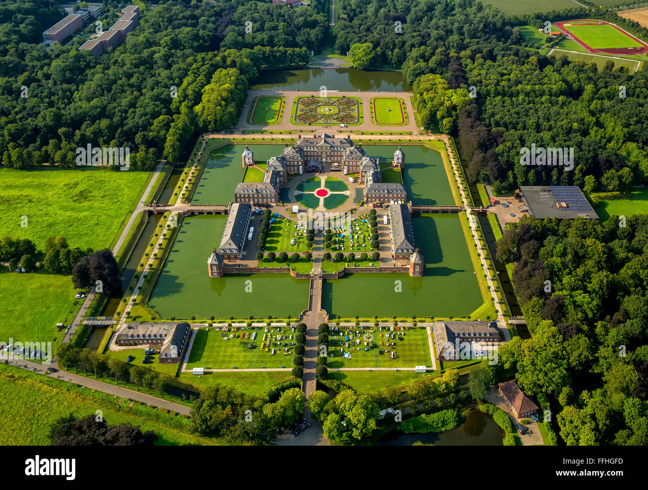 Aerial view, Schloss Nordkirchen, classical open-air spectacle 'Night of thousand candles' at the castle in Nordkirchen, baroque Stock Photo