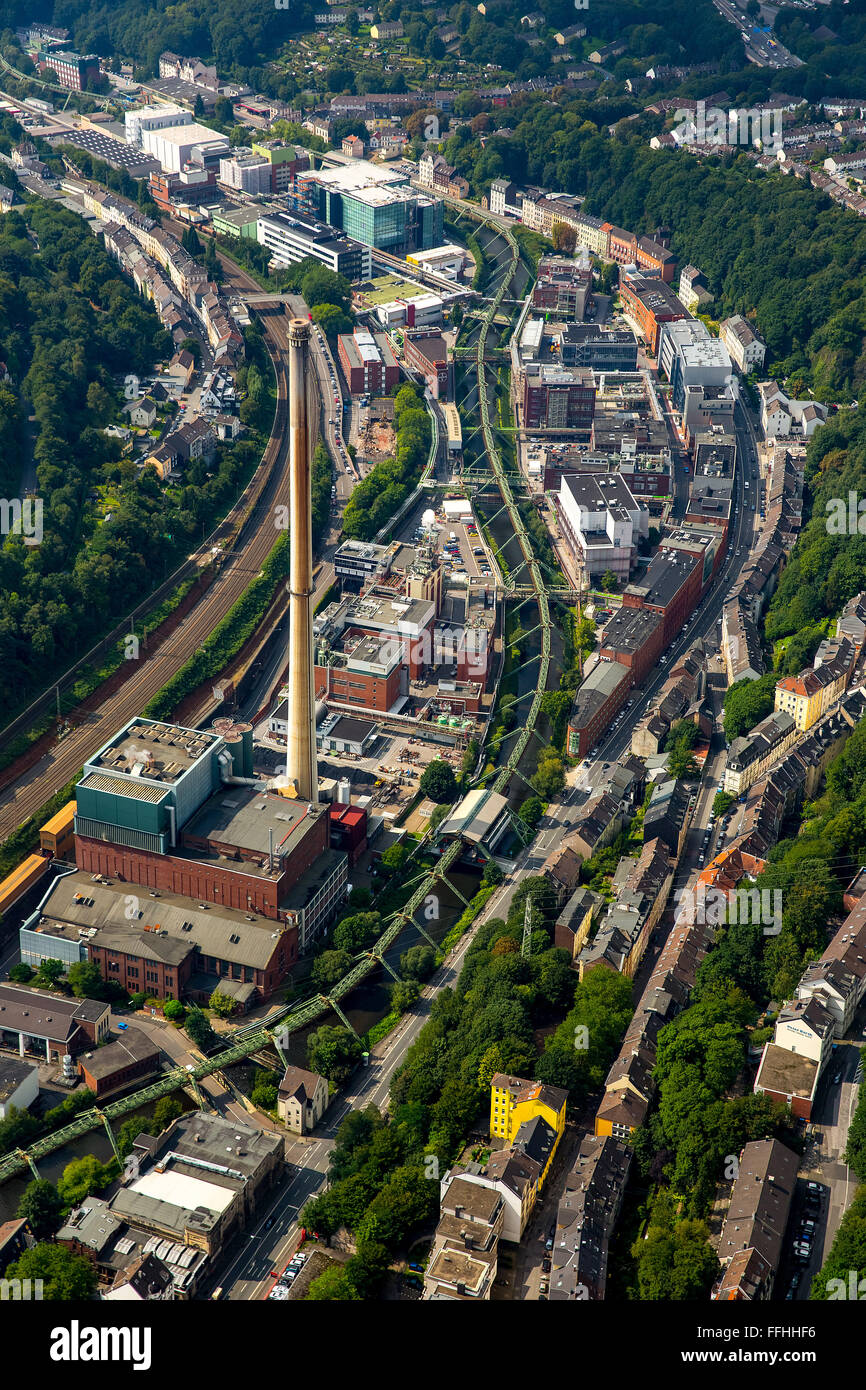 Aerial view, Bayer Wuppertal plant, Chemical Park, Wuppertal suspension railway, steel framework, the Wupper valley, Wuppertal, Stock Photo